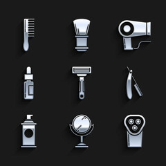 Set Shaving razor, Hand mirror, Electrical hair clipper shaver, Straight, gel foam, Glass bottle with pipette, Hair dryer and Hairbrush icon. Vector