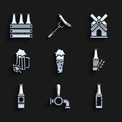 Set Glass of beer, Beer tap, bottle, and hop, Windmill and Pack bottles icon. Vector