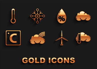 Set Rainbow with clouds, Cloud, Thermometer and, Wind turbine, Celsius, Water drop percentage, and Snowflake icon. Vector