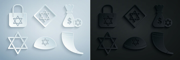 Set Jewish kippah with star of david, money bag and coin, Star David, Traditional ram horn, shofar, and Shopping icon. Vector