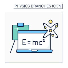 Modern physics color icon.Mass and energy equivalence formula on blackboard. Special relativity, quantum mechanics.Physical branches concept. Isolated vector illustration