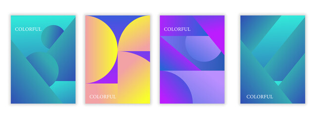 Minimalistic gradient posters. Modern art with geometric shapes, frames and inscriptions. Colorful design elements for covers and social networks. Cartoon 3D vector set isolated on white background