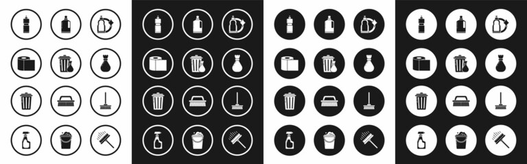 Set Plastic bottles for liquid dishwashing liquid, Trash can and garbage bag, Toilet paper roll, Garbage, Mop and icon. Vector