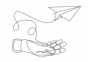 Hand launches into the sky airplane isolated on white background. continuous line illustration. one line vector. concept of traveling