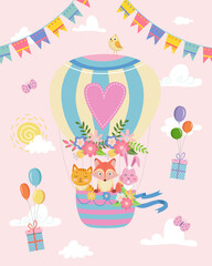 cute hot air balloon with animals birthday card template with presents vector illustration on pink