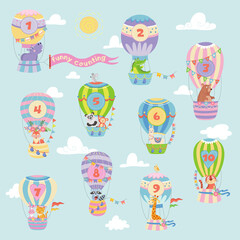 Hot air balloons with animals counting on the sky on blue background Vector illustration