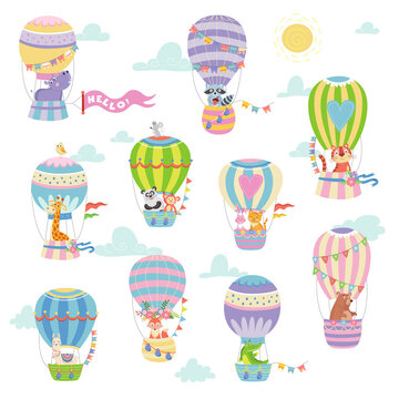 Hot air balloons with animals on the sky on white background Vector illustration