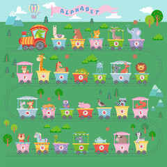 Alphabet train with animals. Cartoon animal illustration in van, education abc letter for children school vector on green grass forest