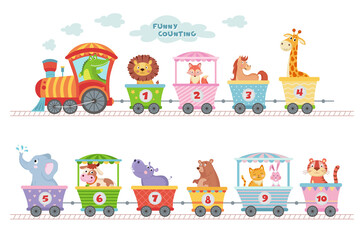 counting train with animals. Cartoon animal illustration in van, education for children school vector on white