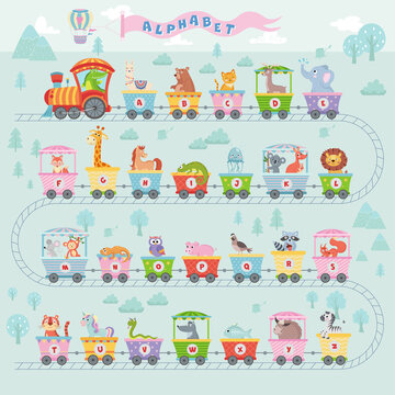 Alphabet train with animals. Cartoon animal illustration in van, education abc letter for children school vector on blue forest