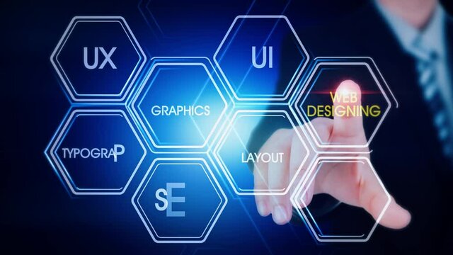 Web Designing
Hexagonal virtual Touch Screen Concept with man touching screen with finger and light streak