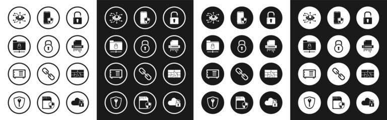 Set Open padlock, Lock, FTP folder and, Eye scan, Paper shredder confidential, Smartphone with security shield, Firewall, wall and Safe icon. Vector