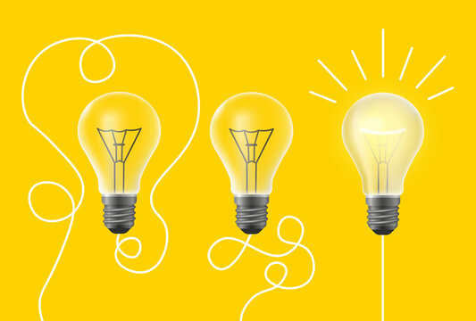 Simplifying problems for new idea. Dim light bulbs with tangled wires and glowing lamp with smooth wire. Metaphor for decisions. Cartoon realistic vector illustration isolated on yellow background