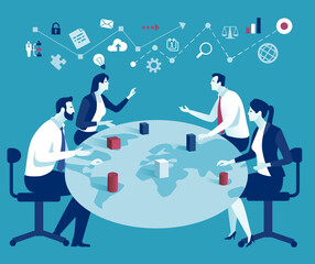 Investing. Business plan. The team sits around the Earth map and discusses the business strategy. Vector illustration.