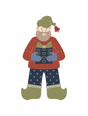 A garden or Christmas gnome, dwarf holding a gift. Vector illustration in a flat style, isolated on a white background.