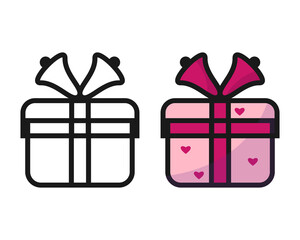 Present, gift box icons set. Flat cartoon design Vector. Black outline, decorative pink colored illustration, bells, hearts