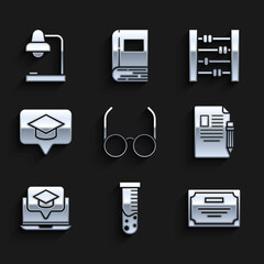 Set Glasses, Test tube and flask chemical laboratory, Certificate template, Exam sheet pencil with eraser, Graduation cap on screen laptop, in speech bubble, Abacus and Table lamp icon. Vector