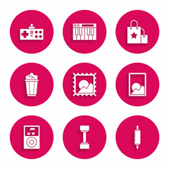 Set Picture landscape, Dumbbell, Rolling pin, Music player, Popcorn cardboard box, Paper shopping bag and Gamepad icon. Vector