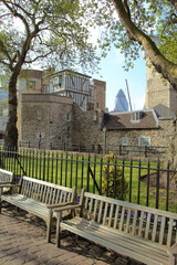 View of Tower of London in the spring. Museum of London. Her Majesty's Royal Palace and Fortress.