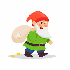 Cartoon happy dwarf carrying sack with gold