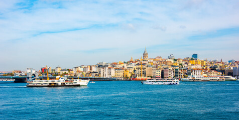 Fototapeta na wymiar ISTANBUL, TURKEY. Panoramic view of Istanbul Bosphorus. Galata Tower and Galata Bridge. .