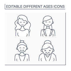 Naklejka premium Different ages line icons set. Generations. Newborn, teenager, adulthood and retirement of womane life. Life cycle concept. Isolated vector illustrations. Editable stroke