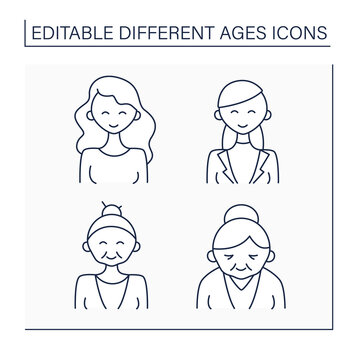 Different ages line icons set. Generations. Newborn, teenager, adulthood and retirement of womane life. Life cycle concept. Isolated vector illustrations. Editable stroke