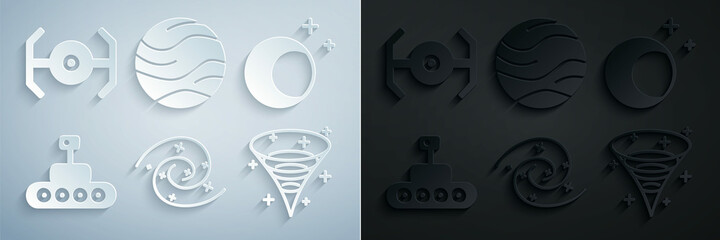 Set Black hole, Moon and stars, Mars rover, Planet and Cosmic ship icon. Vector