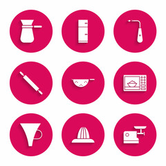 Set Kitchen colander, Citrus fruit juicer, meat grinder, Microwave oven, Funnel or filter, Rolling pin, Long electric lighter and Coffee turk icon. Vector