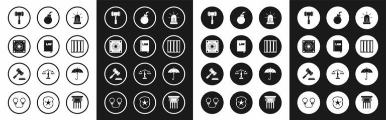 Set Flasher siren, Law book, Safe, Judge gavel, Prison window, Bomb ready to explode, Umbrella and icon. Vector
