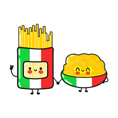 Funny cute happy Spaghetti characters bundle set. Vector hand drawn doodle style cartoon character illustration icon design. Cute Spaghetti mascot character collection friends concept