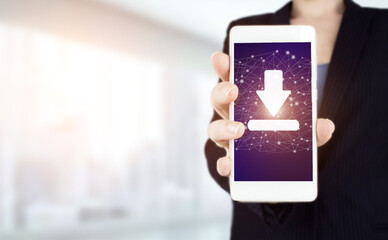 Software Update Installation Upgrade Data Concept. Hand hold white smartphone with digital hologram...