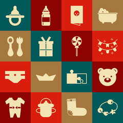 Set Rattle baby toy, Teddy bear plush, Carnival garland with flags, Baby shower invitations card, poster, Gift box, cutlery fork spoon, dummy pacifier and Lollipop icon. Vector