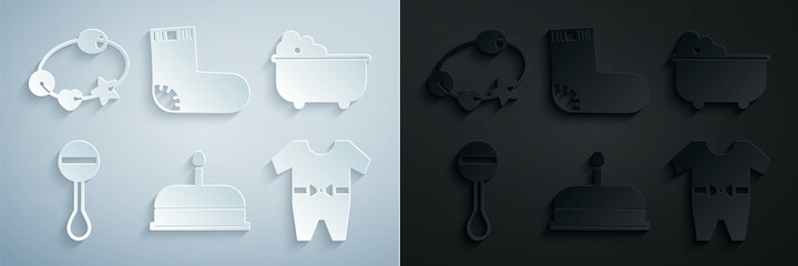Set Cake with burning candles, Baby bathtub, Rattle baby toy, clothes, socks and icon. Vector