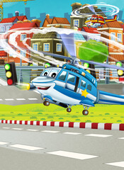 cartoon happy scene with helicopter flying in city