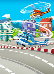 cartoon happy scene with helicopter flying in city