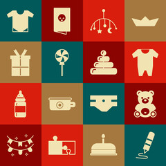 Set Wax crayon for drawing, Teddy bear plush toy, Baby clothes, crib hanging toys, Lollipop, Gift box, onesie and Pyramid icon. Vector