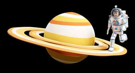 Astronaut in spacesuit on the rings of Saturn. Planet Saturn and the running spaceman. 3d illustration, 3d render