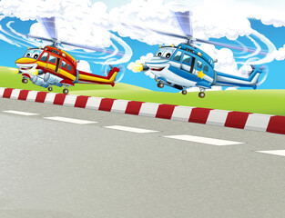 Fototapeta na wymiar cartoon happy scene with helicopter flying in city