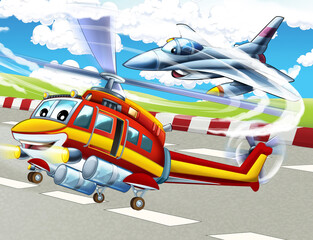 cartoon happy scene with helicopter flying in city
