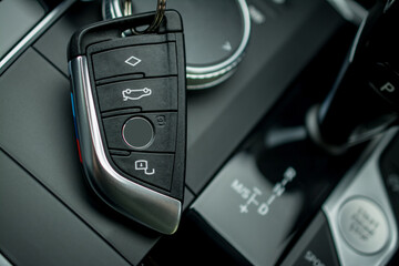 Interior of a modern luxury gray black car, auto detail,key