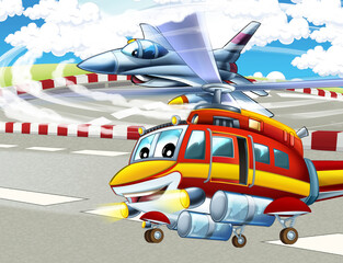 cartoon happy scene with helicopter flying in city