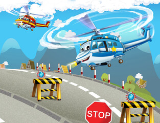 Fototapeta na wymiar cartoon happy scene with helicopter flying in city