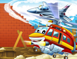 cartoon happy scene with helicopter flying in city