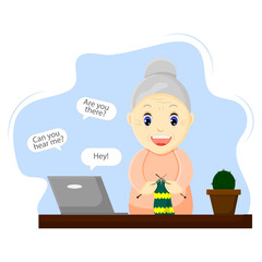 A happy grandmother at a table with a laptop is taking a knitting master class	