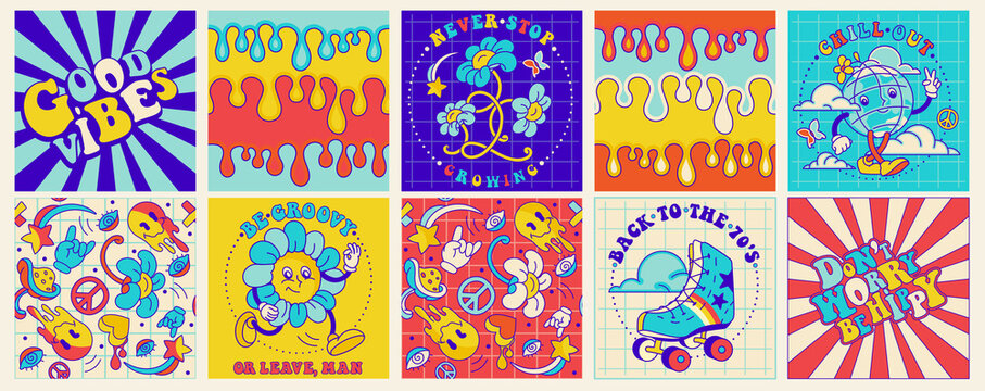 70's groovy square poster, sticker and seamless pattern.  Retro print with hippie motivational slogan. Funky character concepts of  crazy sun,  dripping emoticon, fun peace symbol, groovy mashroom. 