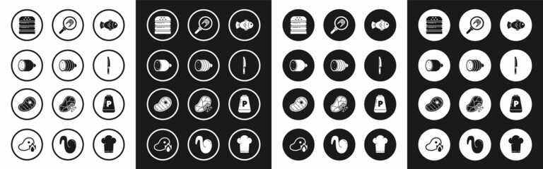 Set Fish, Salami sausage, Burger, Knife, steak in frying pan, Pepper and Steak meat icon. Vector
