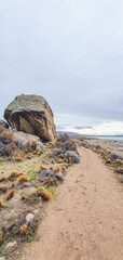 Vertical shot of stones on water and mountains background.