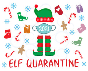 Elf quarantine winter concept. Fairy-tale character, medical protective mask and lettering. Coronavirus vector illustration for design, poster, banner, card, sticker.