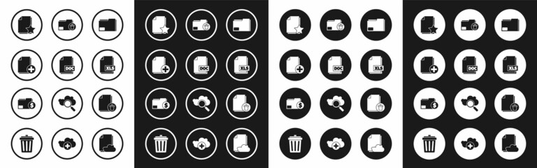 Set Document folder, DOC file document, Add new, with star, XLS, Delete, and Finance icon. Vector